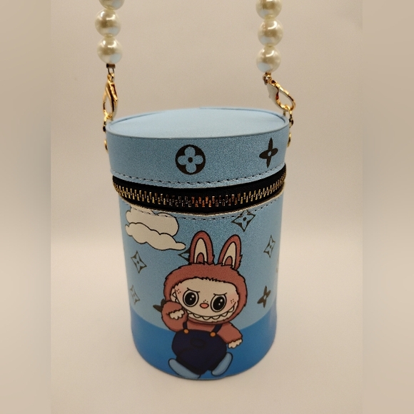 Labubu Handbags - Labubu Cylinder Leather Cosmetic Bag With Pearl Removable Strap